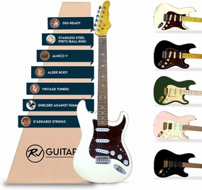 Gigline Skycaster Electric Guitar S-Type Adult Full Size, Alder Body, Stainless Steel Frets (Ball End), Bone Nut, SSS Alnico V, Olympic White