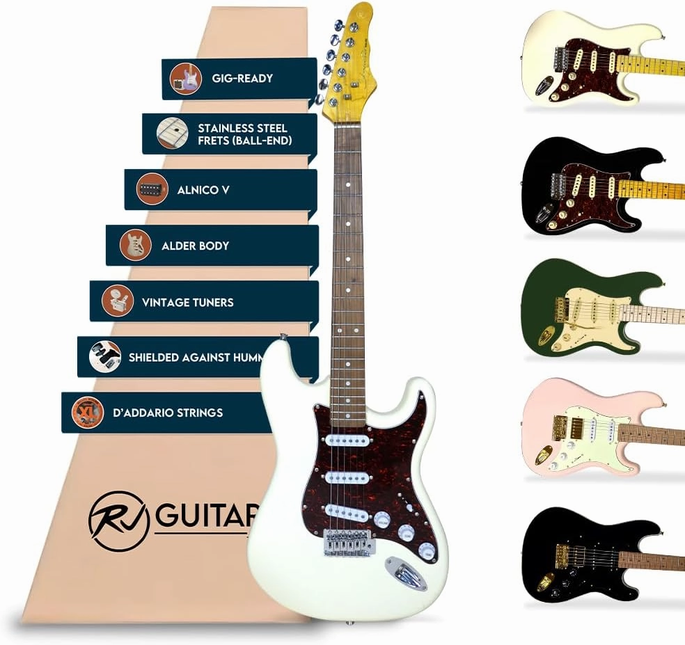 Gigline Skycaster Electric Guitar S-Type Adult Full Size, Alder Body, Stainless Steel Frets (Ball End), Bone Nut, SSS Alnico V, Olympic White