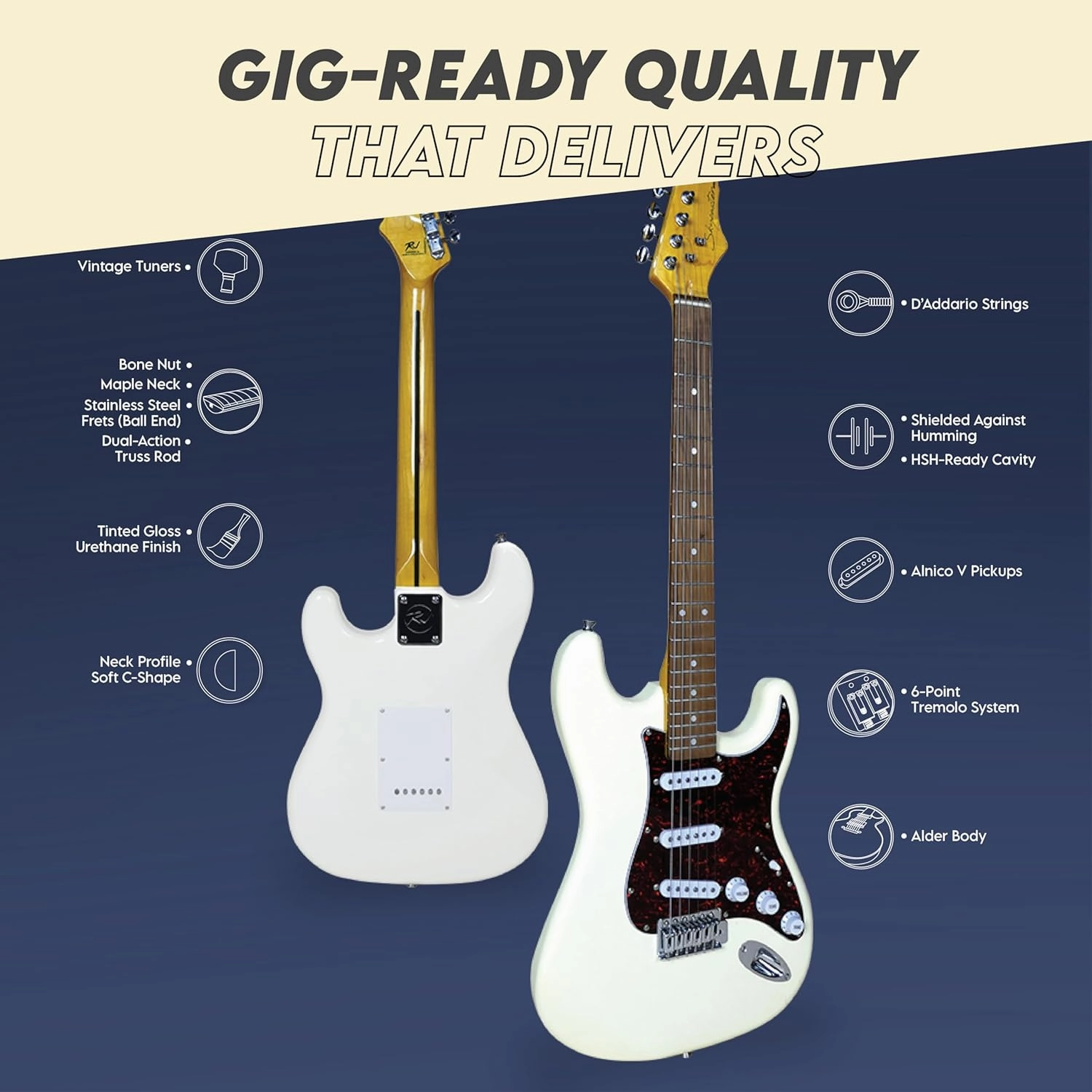 Gigline Skycaster Electric Guitar S-Type Adult Full Size, Alder Body, Stainless Steel Frets (Ball End), Bone Nut, SSS Alnico V, Olympic White