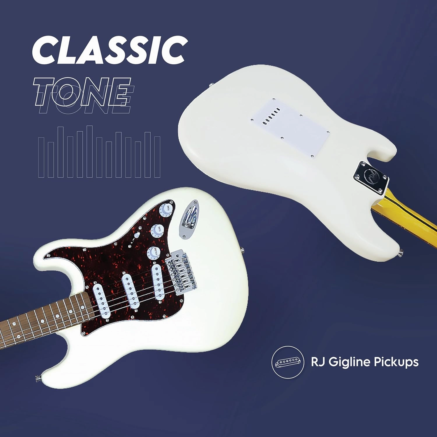 Gigline Skycaster Electric Guitar S-Type Adult Full Size, Alder Body, Stainless Steel Frets (Ball End), Bone Nut, SSS Alnico V, Olympic White