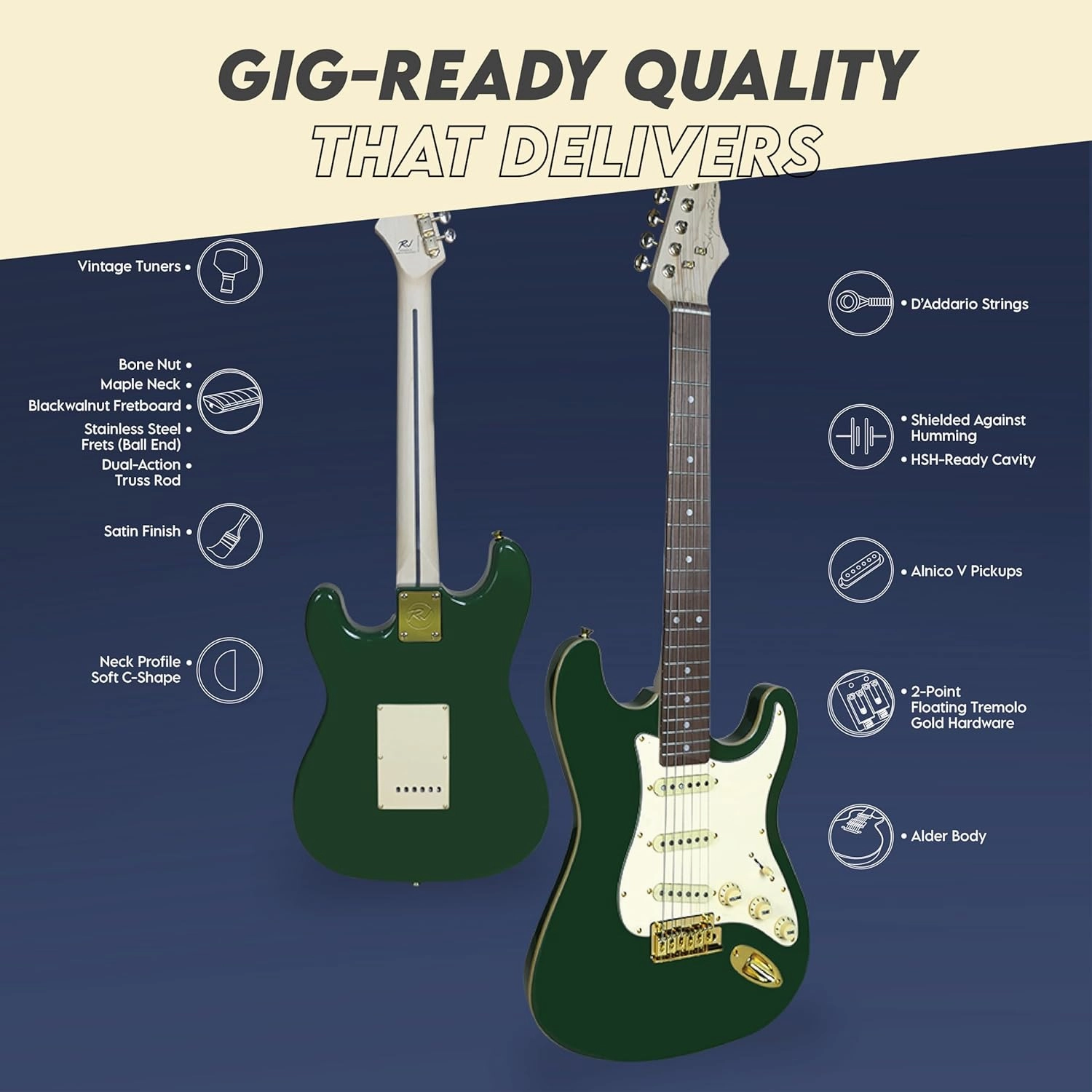 Gigline Skycaster Special Edition Electric Guitar S-Type Adult Full Size, Alder, Stainless Steel Frets (Ball End), Bone Nut, SSS Alnico V, 2-Point Trem, Antique Olive
