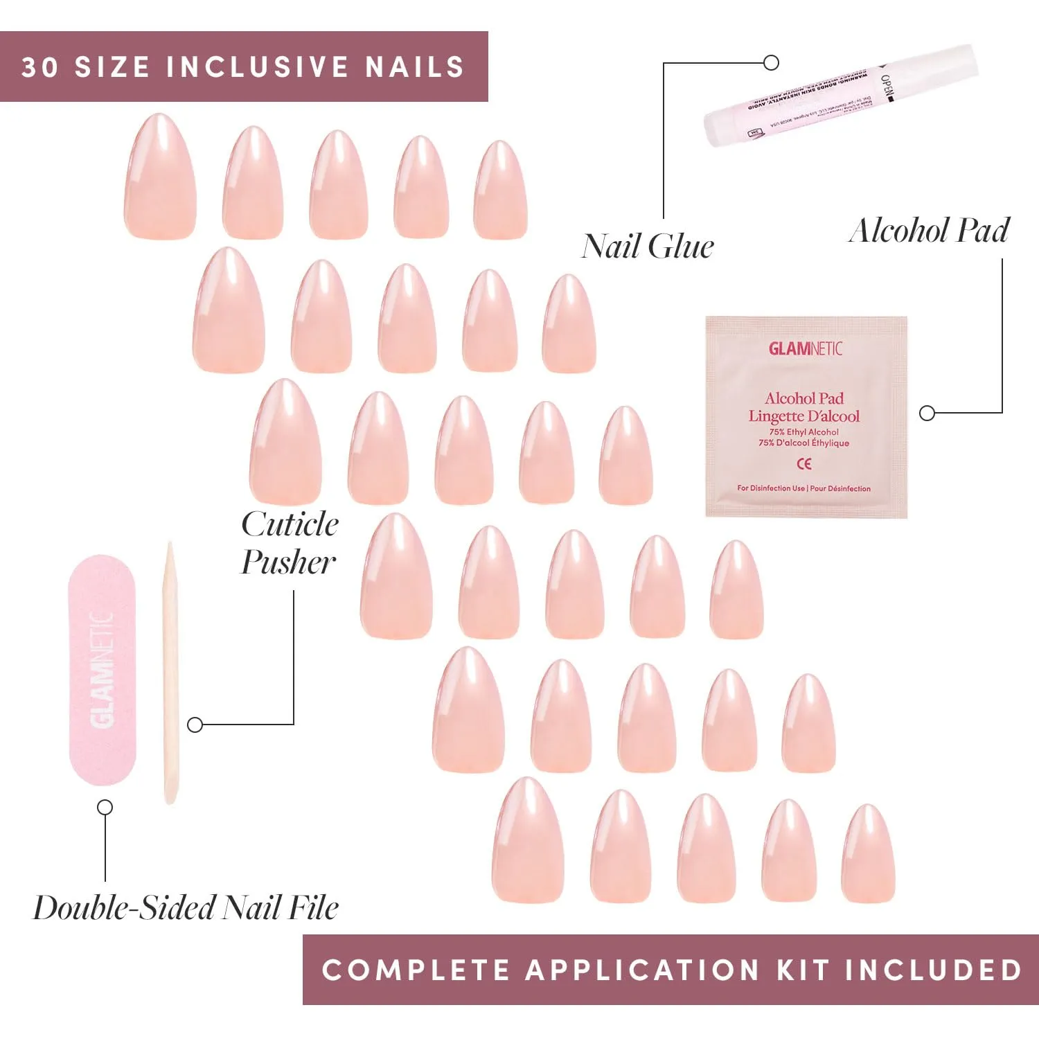 Glamnetic Press On Nails - Los Angeles | Solid Opaque Blush Nude Pink Short Almond Nails in Glazed Finish, Reusable | 15 Sizes - 30 Nail Kit