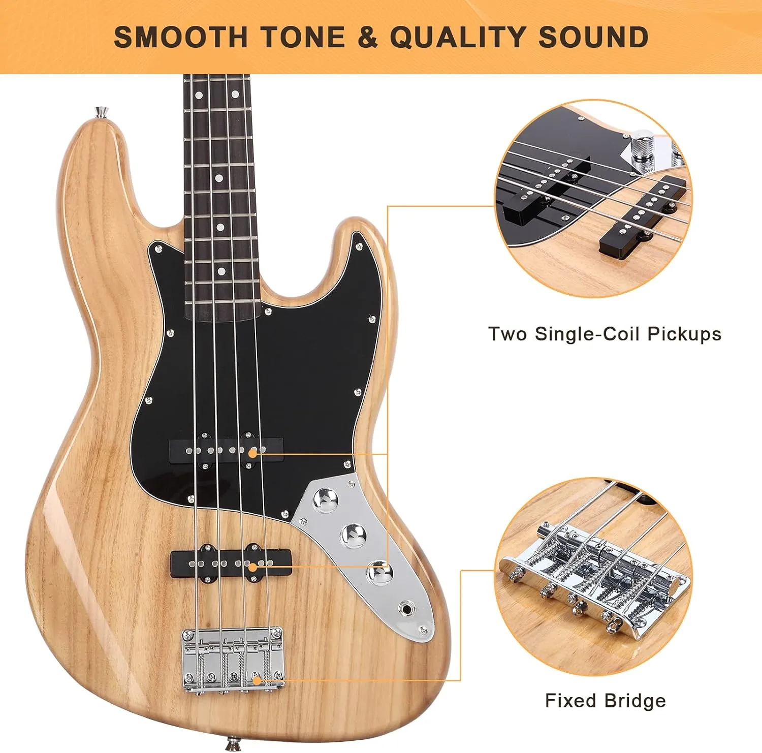 GLARRY 4 String GJazz Electric Bass Guitar Full Size Right Handed with Guitar Bag, Amp Cord and Beginner Kits (Burly Wood)