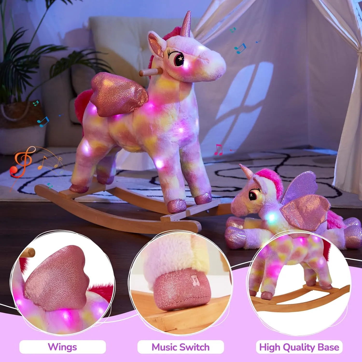 Glow Guards Light up Musical Unicorn Rocking Horse Set of 2 with Stuffed Rainbow Unicorn Toys Ride On Unicorn with Wooden Chair Gifts for Toddler Children Age 3-6
