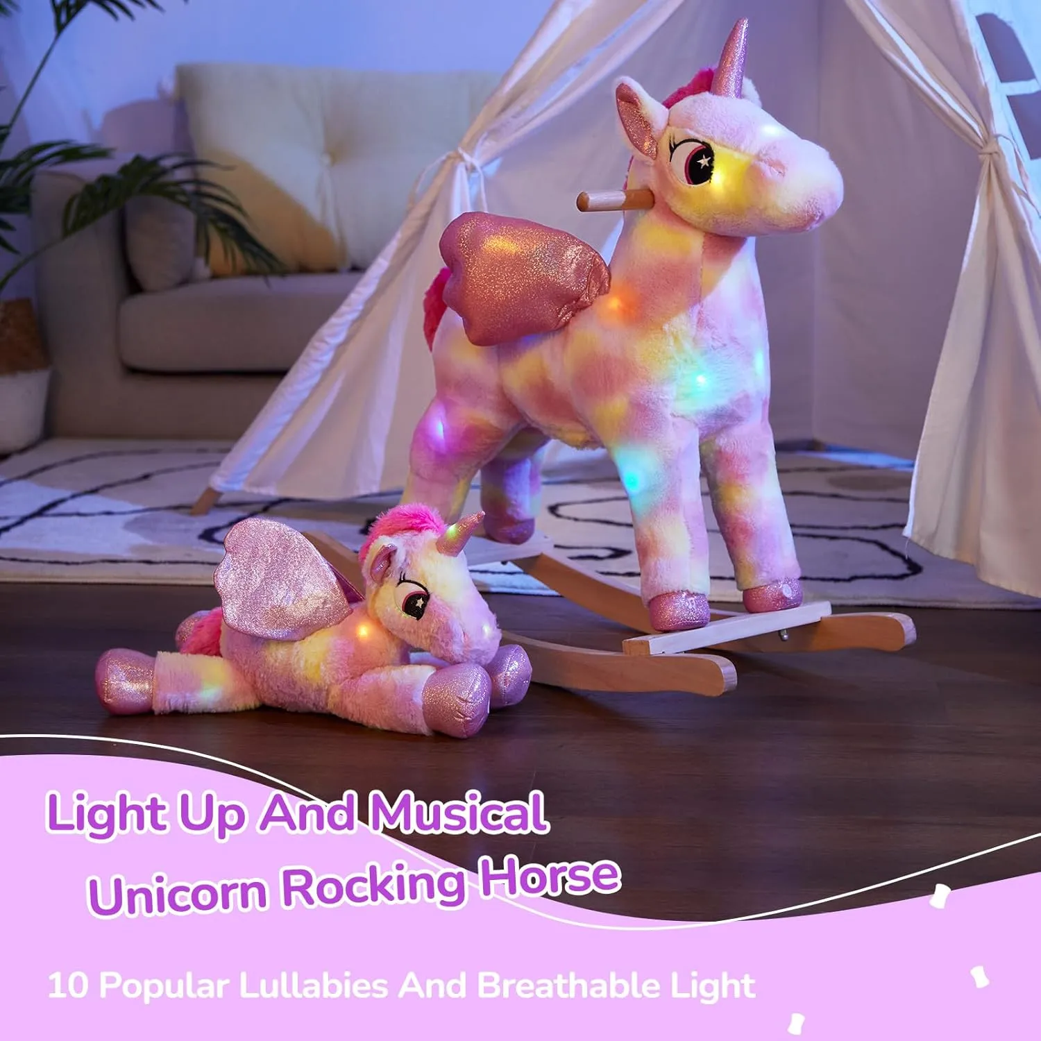 Glow Guards Light up Musical Unicorn Rocking Horse Set of 2 with Stuffed Rainbow Unicorn Toys Ride On Unicorn with Wooden Chair Gifts for Toddler Children Age 3-6
