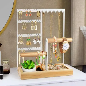 Godboat Jewelry Organizer, 4-Tier Earring Holder Organizer with 48 Holes, 6 Hooks Necklace Rack, Bracelet and Ring Stand with Wood Box, Gifts for Mothers Mom Women, Preppy Stuff & Room Decor, (White)