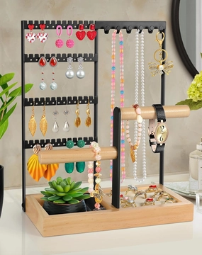 Godboat Jewelry Holder Organizer, 4-Tier Earring Holder with 48 Holes, 6 Hooks Necklace Holder, Removable Bracelet Holder, Gifts for Women, Mom, Mothers Day, Cool Preppy Stuff and Room Decor, Black