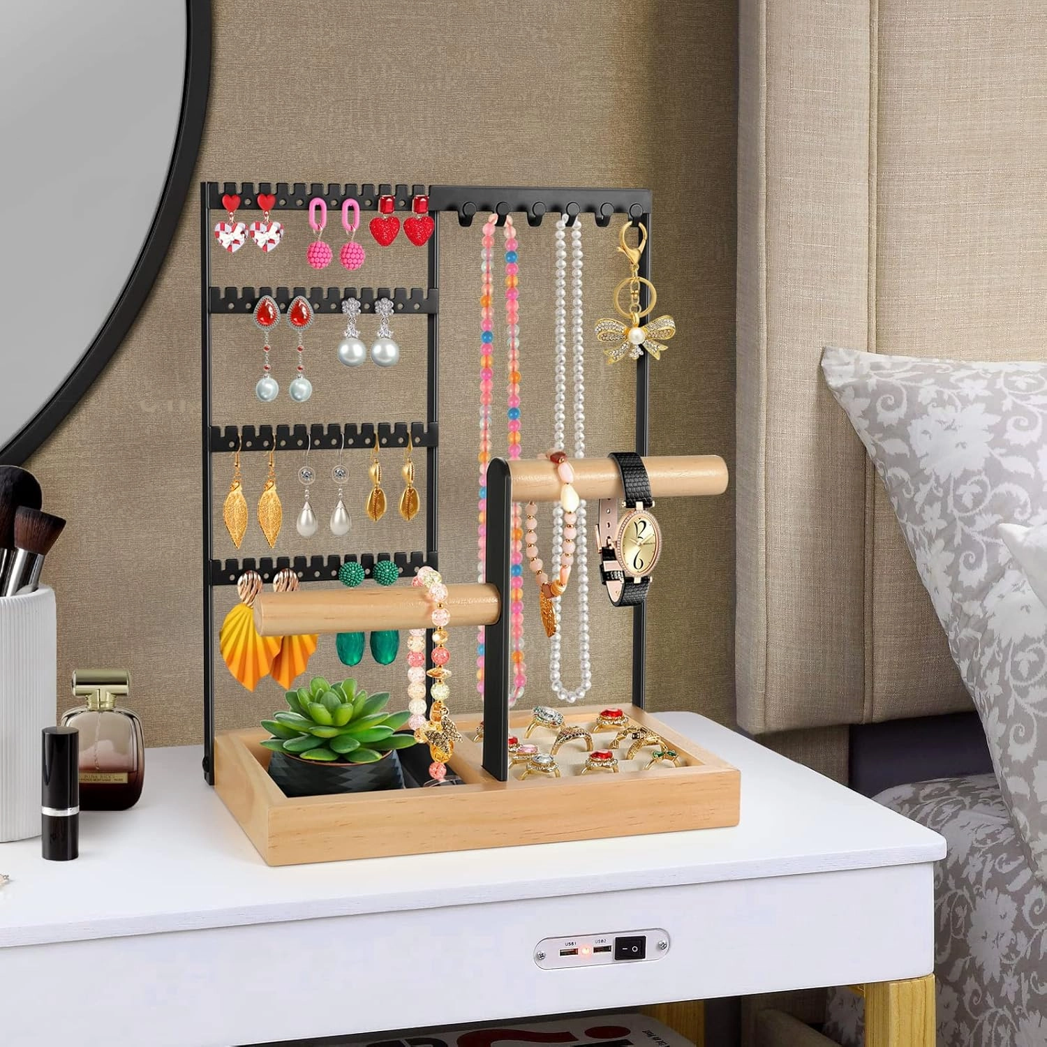 Godboat Jewelry Holder Organizer, 4-Tier Earring Holder with 48 Holes, 6 Hooks Necklace Holder, Removable Bracelet Holder, Gifts for Women, Mom, Mothers Day, Cool Preppy Stuff and Room Decor, Black