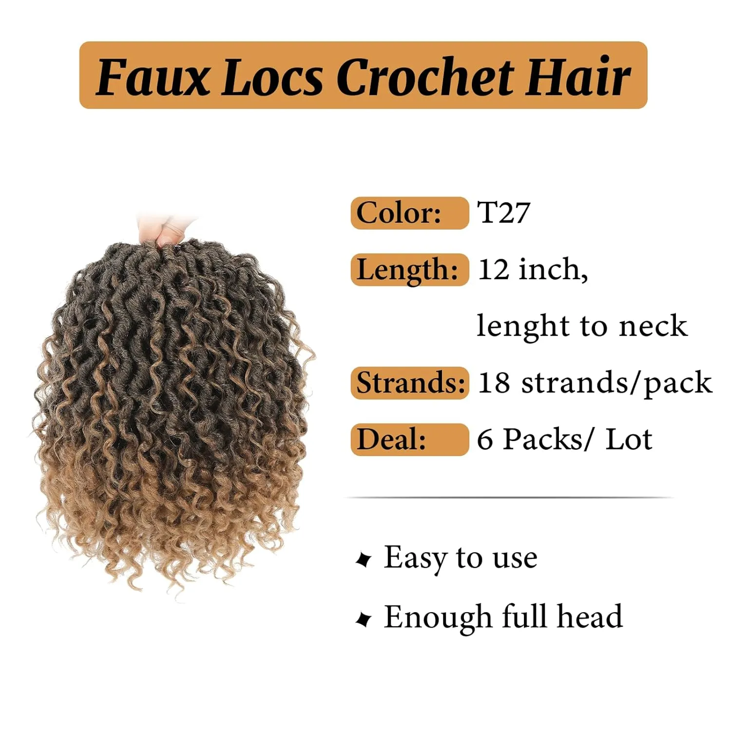 Goddess Locs Crochet Hair 12 Inch Pre looped Crochet Hair for Black Women 6 Packs Blond Crochet Faux Locs with Curly Ends, Crochet Installation T27