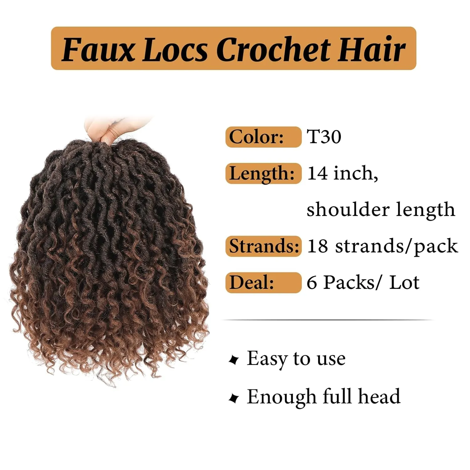 Goddess Locs Crochet Hair 14 Inch Faux Locs Crochet Hair for Black Women Pre Looped Long-lasting & Low-maintenance 6 Packs Brown Crochet Locs with Curly Ends for Full Head