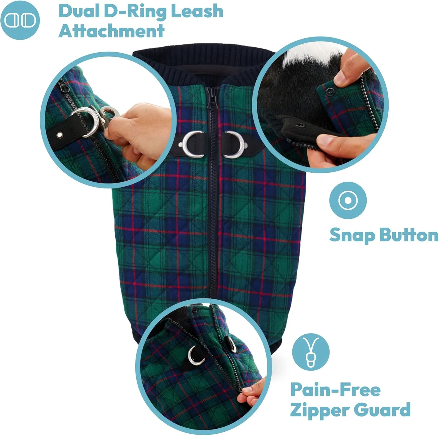Gooby Fashion Vest Check Dog Jacket - Green Check, Small - Warm Zip Up Bomber Vest with Dual D Ring Leash - Winter Water Resistant Small Dog Sweater