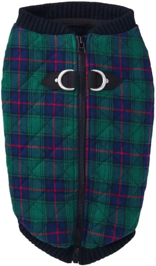 Gooby Fashion Vest Check Dog Jacket - Green Check, Small - Warm Zip Up Bomber Vest with Dual D Ring Leash - Winter Water Resistant Small Dog Sweater