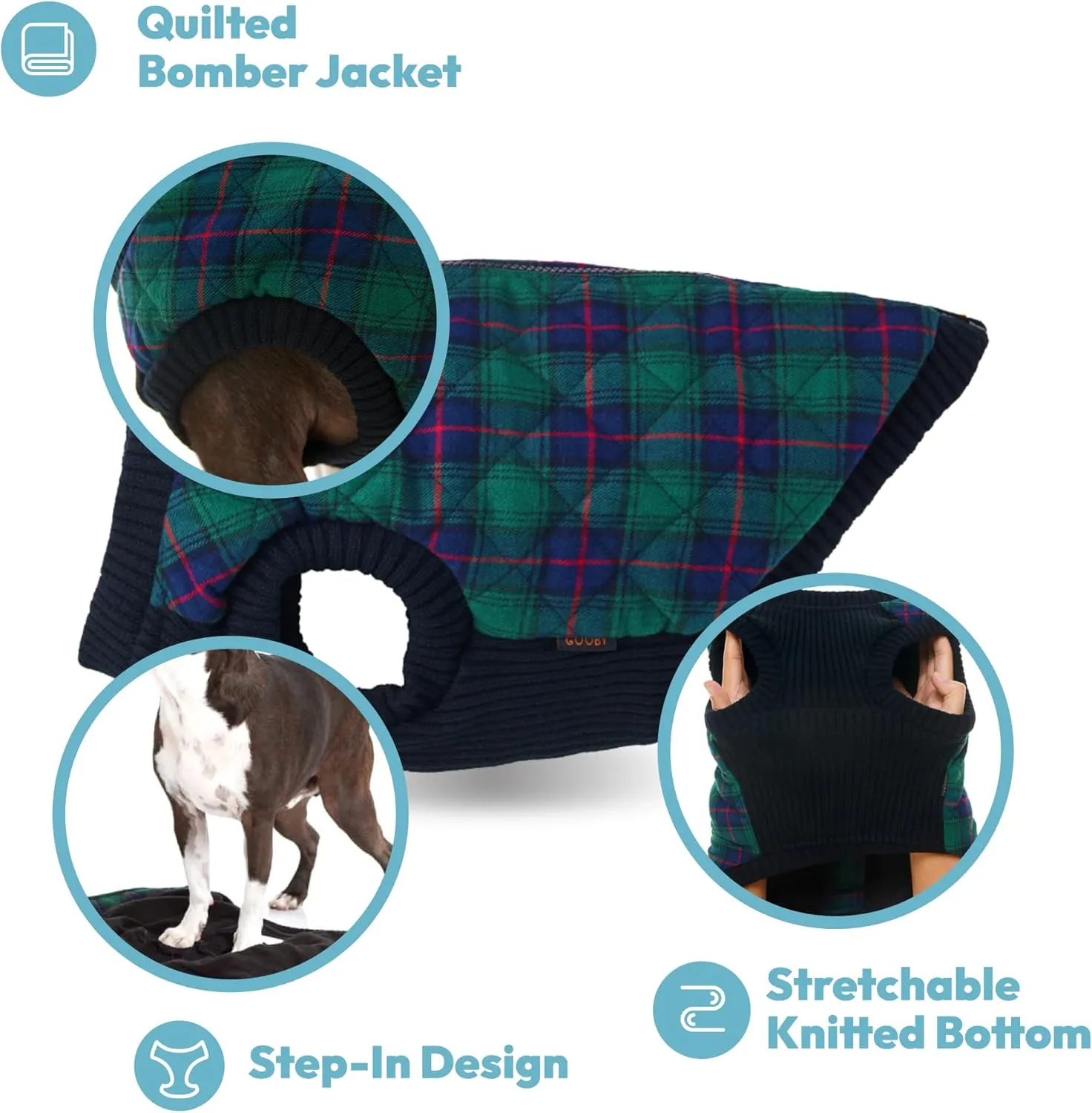 Gooby Fashion Vest Check Dog Jacket - Green Check, Small - Warm Zip Up Bomber Vest with Dual D Ring Leash - Winter Water Resistant Small Dog Sweater
