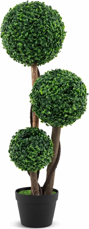 Goplus 3ft Artificial Boxwood Topiary Ball Tree, Faux Potted Plants with Solid Wood Trunks, Mimic Rattans & Moss, Fake Evergreen Artificial Topiary for Indoor Outdoor Home Front Porch Decor