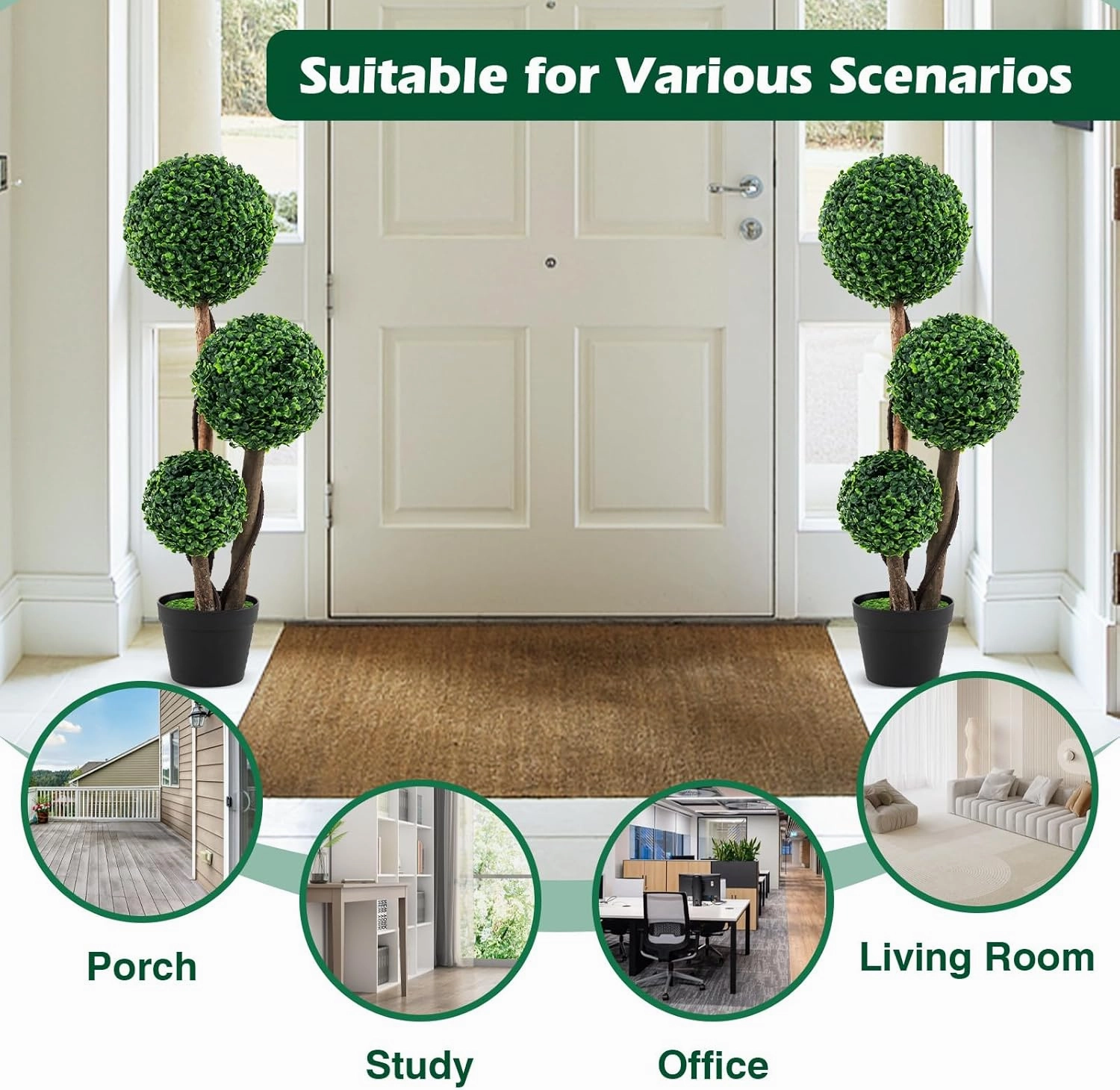 Goplus 3ft Artificial Boxwood Topiary Ball Tree, Faux Potted Plants with Solid Wood Trunks, Mimic Rattans & Moss, Fake Evergreen Artificial Topiary for Indoor Outdoor Home Front Porch Decor