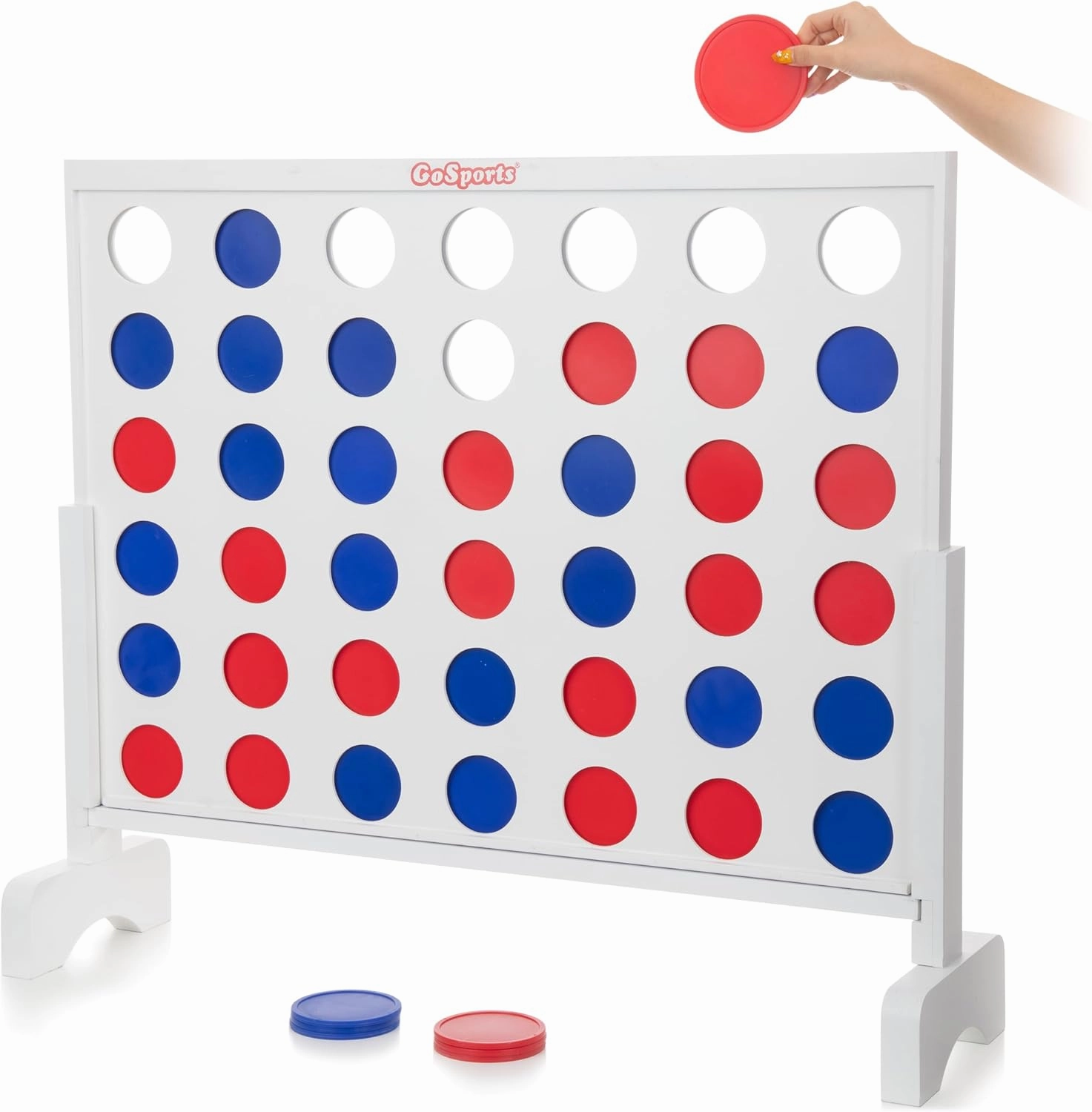 GoSports 3 Foot Width Giant Wooden 4 in a Row Game - Choose White or Dark Stain - Jumbo 4 Connect Family Fun with Coins, Case and Rules