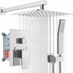 gotonovo Rainfall Bathroom Shower System Rain Shower Head and Handle Set Wall Mounted Shower Complete Combo Solid Brass Pressure Balancing Shower Mixer Valve 12 Inch Polished Chrome