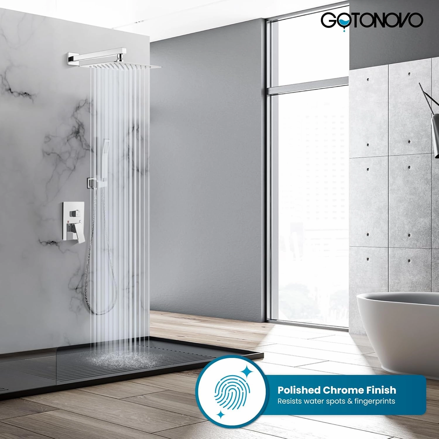 gotonovo Rainfall Bathroom Shower System Rain Shower Head and Handle Set Wall Mounted Shower Complete Combo Solid Brass Pressure Balancing Shower Mixer Valve 12 Inch Polished Chrome