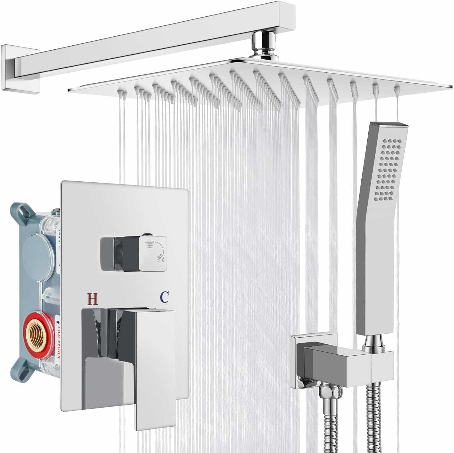 gotonovo Rainfall Bathroom Shower System Rain Shower Head and Handle Set Wall Mounted Shower Complete Combo Solid Brass Pressure Balancing Shower Mixer Valve 12 Inch Polished Chrome