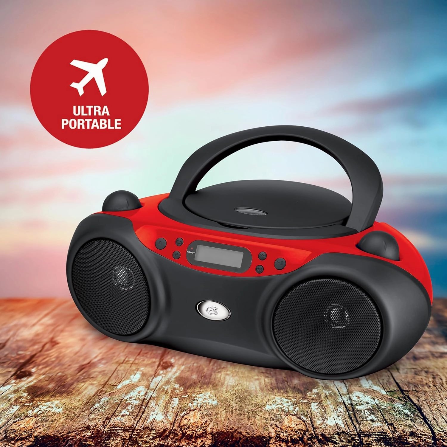 GPX BC232R Portable Top-Loading CD Boombox with AM/FM Radio and 3.5mm Line in for MP3 Device - Red/Black