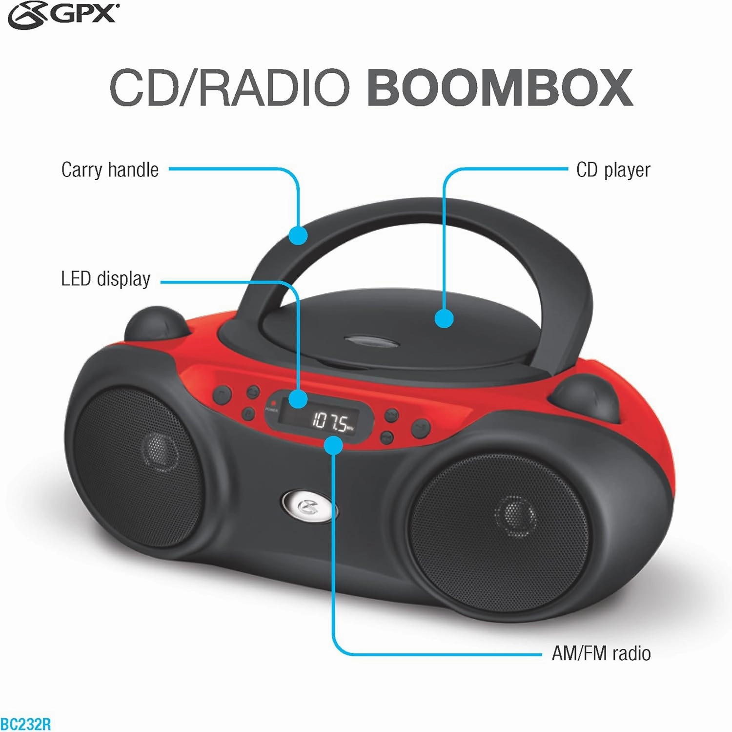 GPX BC232R Portable Top-Loading CD Boombox with AM/FM Radio and 3.5mm Line in for MP3 Device - Red/Black