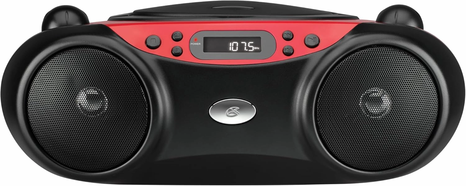 GPX BC232R Portable Top-Loading CD Boombox with AM/FM Radio and 3.5mm Line in for MP3 Device - Red/Black