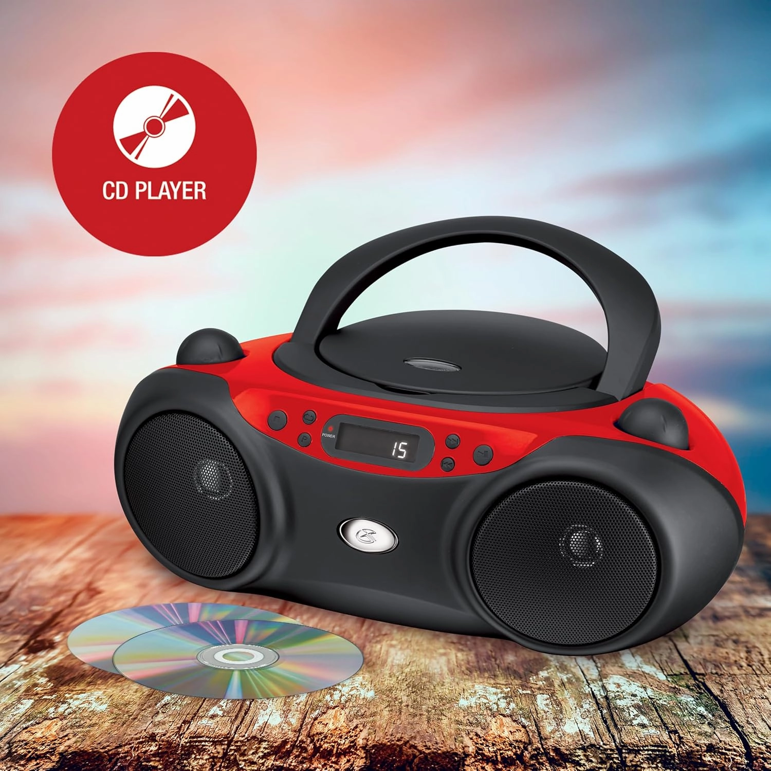 GPX BC232R Portable Top-Loading CD Boombox with AM/FM Radio and 3.5mm Line in for MP3 Device - Red/Black