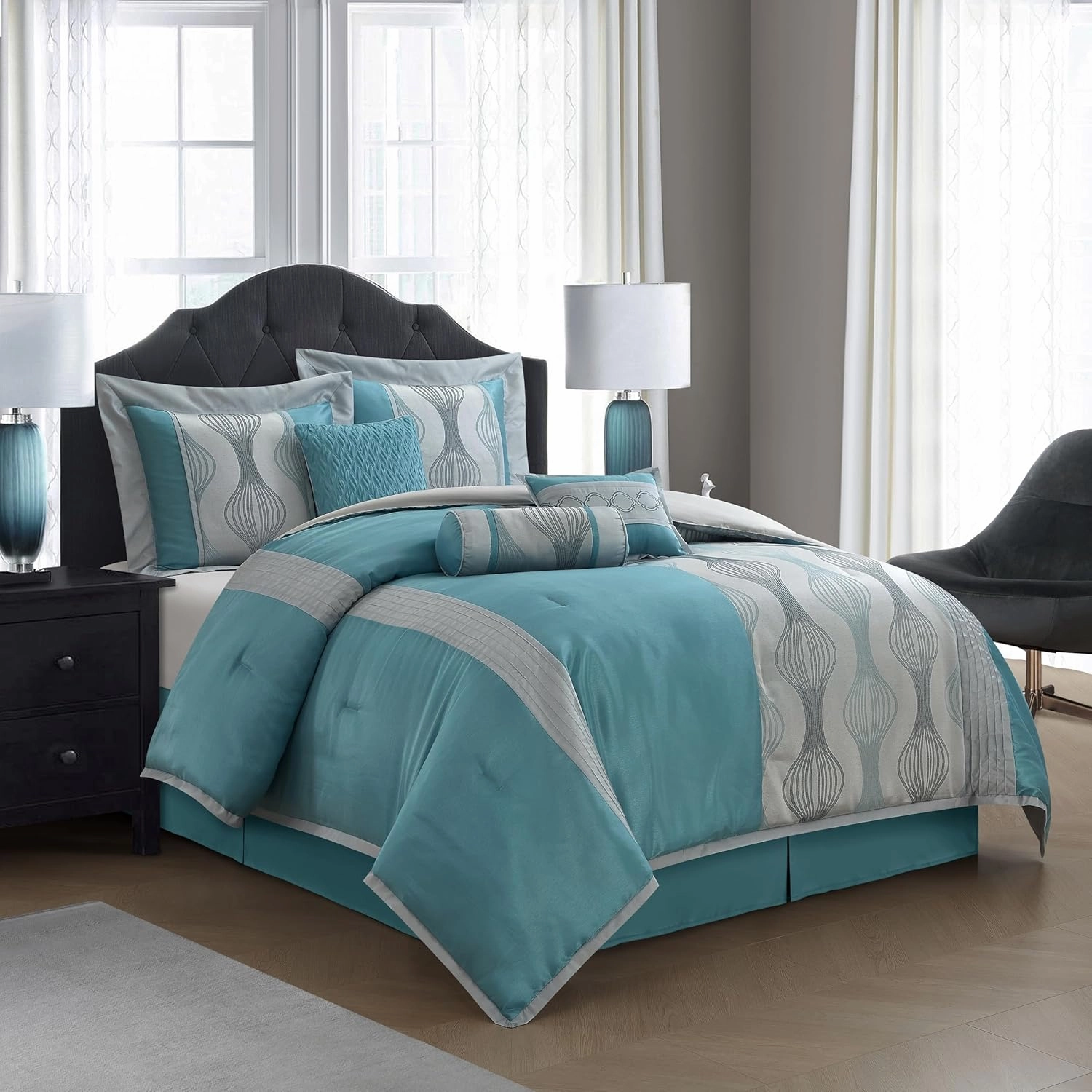 Grand Avenue 7 Piece Blue Comforter Set, King Size Jacquard Bedding Set, All Season Geometric Patchwork Bedding Set, Matching Pillows, Shams, Bed Skirt