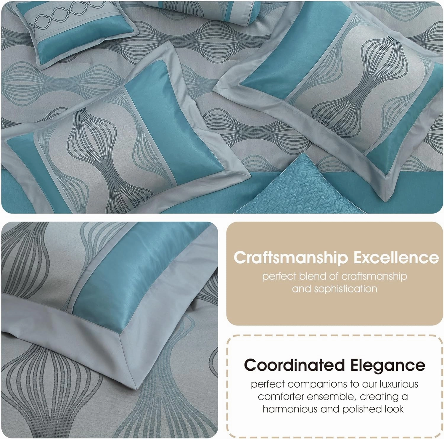 Grand Avenue 7 Piece Blue Comforter Set, King Size Jacquard Bedding Set, All Season Geometric Patchwork Bedding Set, Matching Pillows, Shams, Bed Skirt