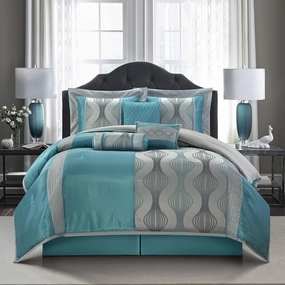 Grand Avenue 7 Piece Blue Comforter Set, King Size Jacquard Bedding Set, All Season Geometric Patchwork Bedding Set, Matching Pillows, Shams, Bed Skirt