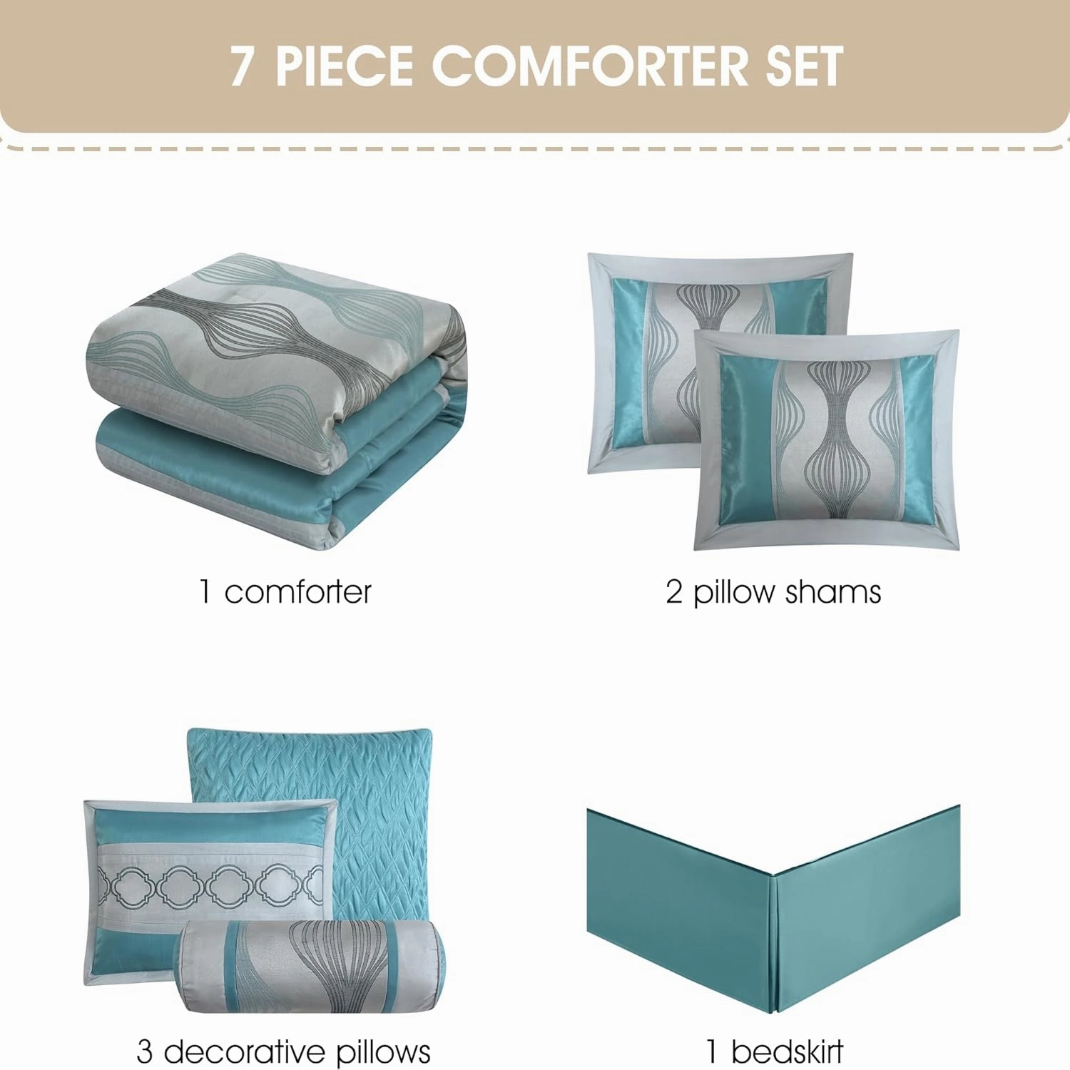 Grand Avenue 7 Piece Blue Comforter Set, King Size Jacquard Bedding Set, All Season Geometric Patchwork Bedding Set, Matching Pillows, Shams, Bed Skirt