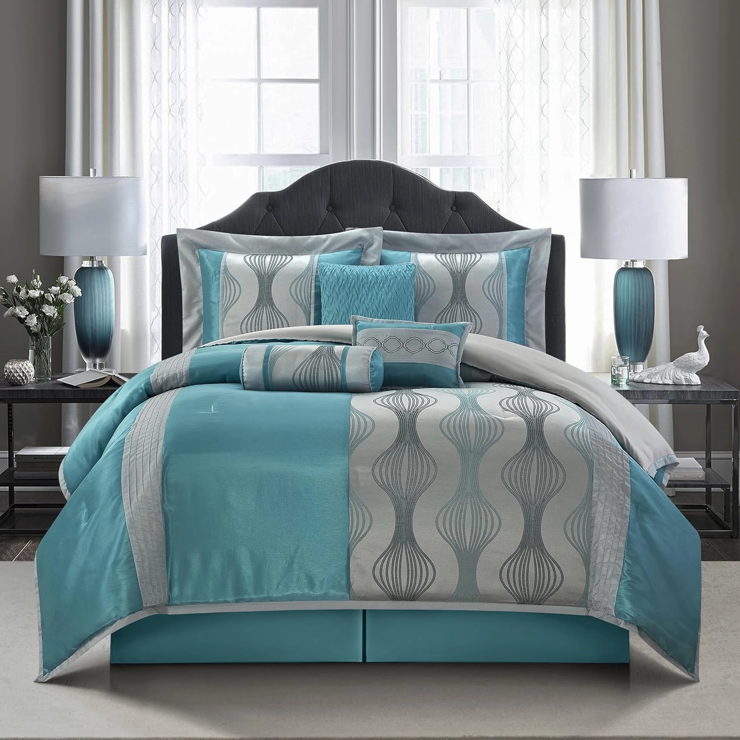 Grand Avenue 7 Piece Blue Comforter Set, King Size Jacquard Bedding Set, All Season Geometric Patchwork Bedding Set, Matching Pillows, Shams, Bed Skirt