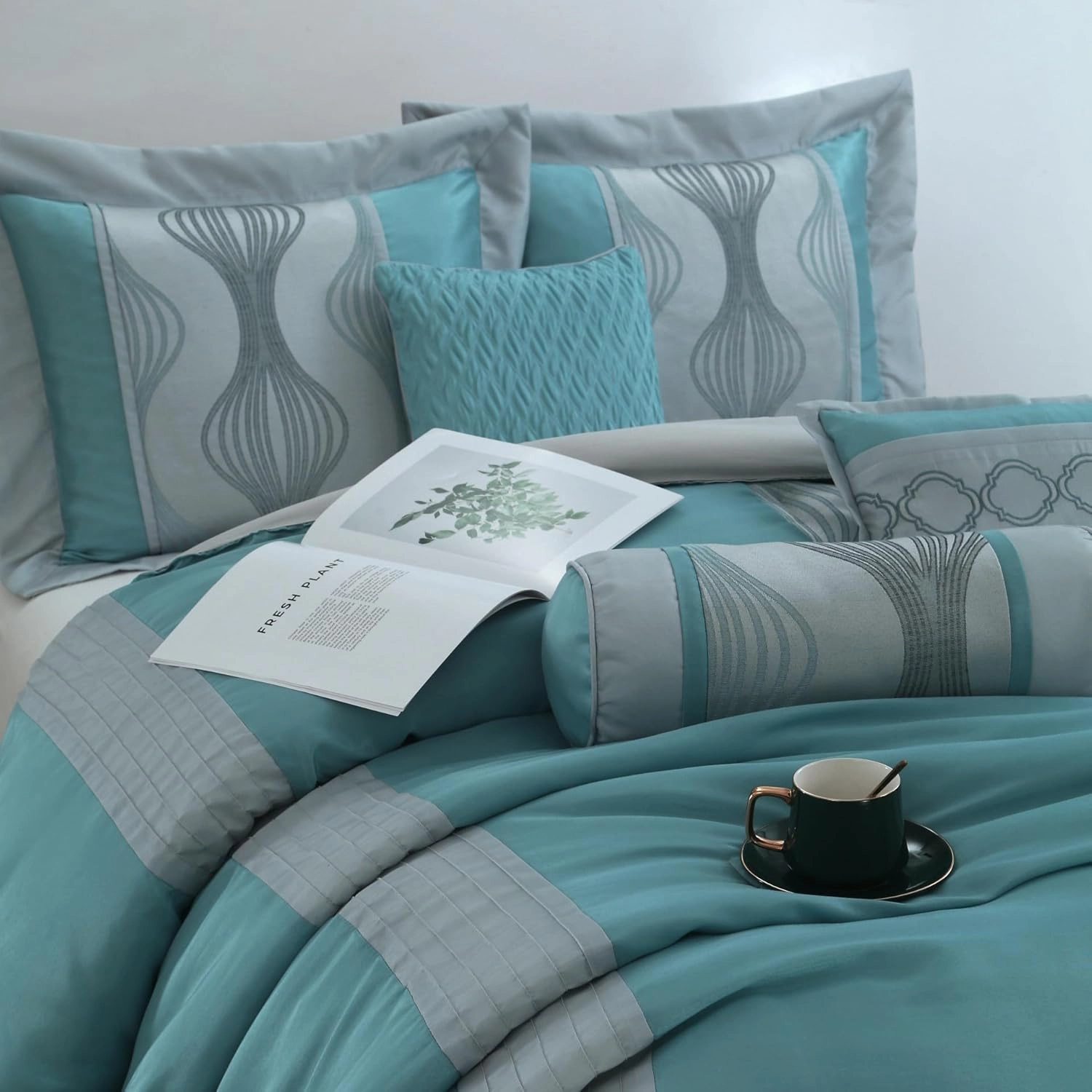 Grand Avenue 7 Piece Blue Comforter Set, King Size Jacquard Bedding Set, All Season Geometric Patchwork Bedding Set, Matching Pillows, Shams, Bed Skirt