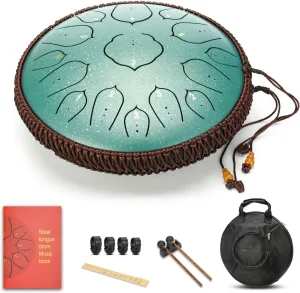 Green 15 Notes 14 Inches Steel Tongue Drum | Wide Range Steel Drum with Carrying Bag & Mallets | Tank Drum for Healing | Random Color | Ideal for Stress Relief and Meditation, Gift Idea