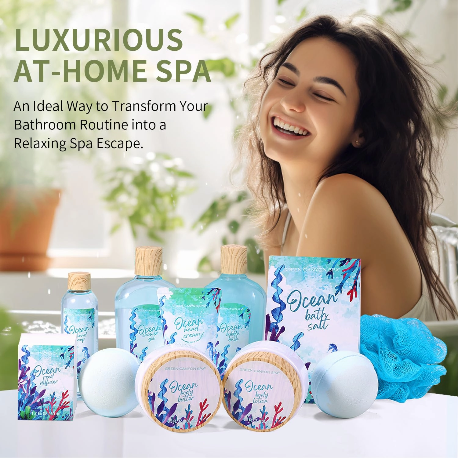 Green Canyon Spa Gift Baskets for Women, Bath and Body Gift Set for Women, 12Pcs Ocean Spa Sets Includes Bubble Bath, Body Lotion,Mothers Day Gifts for Her,Spa Baskets