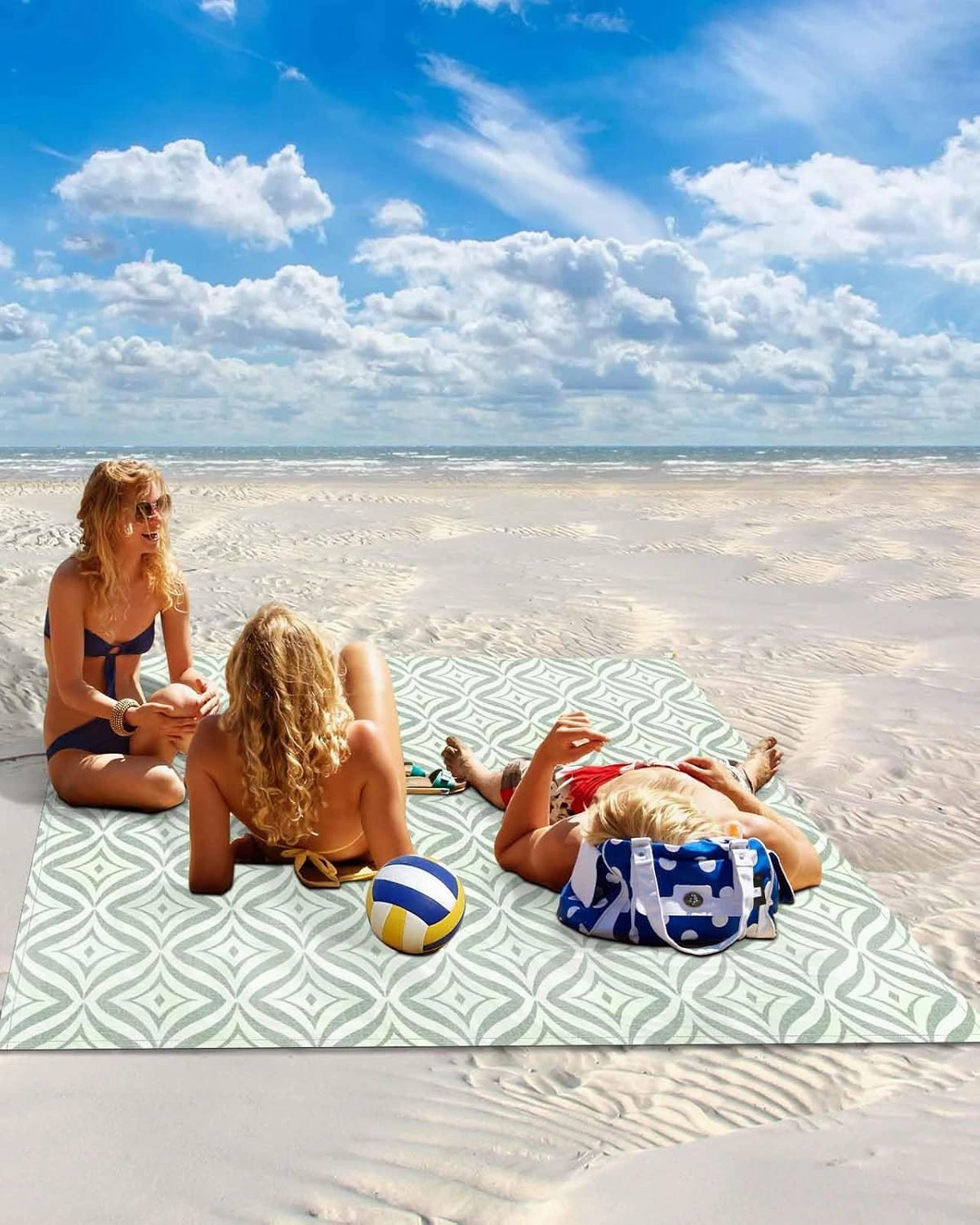 Green Floral Beach Blanket Large with Stakes Waterproof Sandproof Beach Mat with Corner Pockets for Outdoor Travel Camping Hiking Picnic Essentials,Spring Summer Modern Geometric Plant 95"x80"