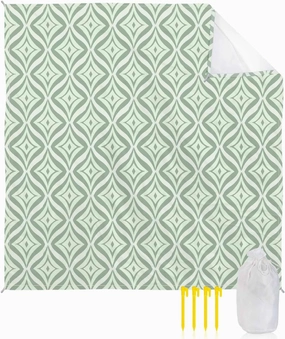 Green Floral Beach Blanket Large with Stakes Waterproof Sandproof Beach Mat with Corner Pockets for Outdoor Travel Camping Hiking Picnic Essentials,Spring Summer Modern Geometric Plant 95"x80"