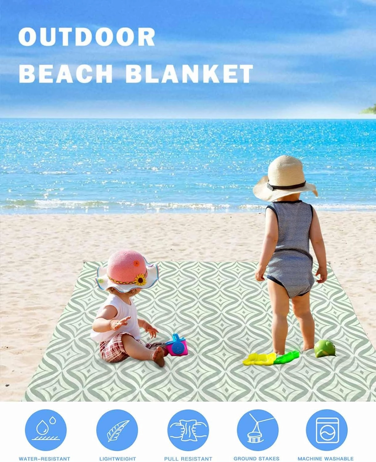 Green Floral Beach Blanket Large with Stakes Waterproof Sandproof Beach Mat with Corner Pockets for Outdoor Travel Camping Hiking Picnic Essentials,Spring Summer Modern Geometric Plant 95"x80"
