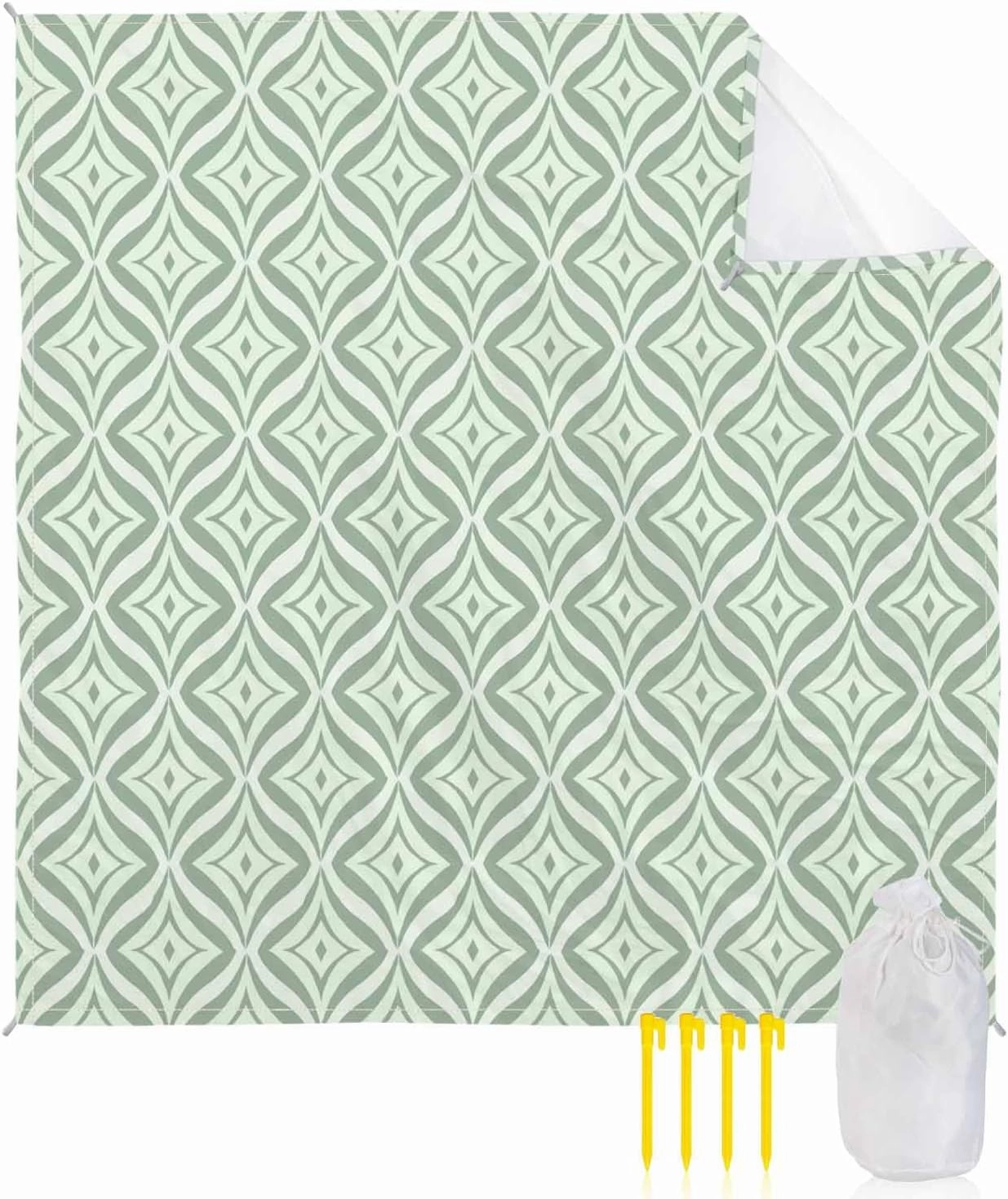 Green Floral Beach Blanket Large with Stakes Waterproof Sandproof Beach Mat with Corner Pockets for Outdoor Travel Camping Hiking Picnic Essentials,Spring Summer Modern Geometric Plant 95"x80"