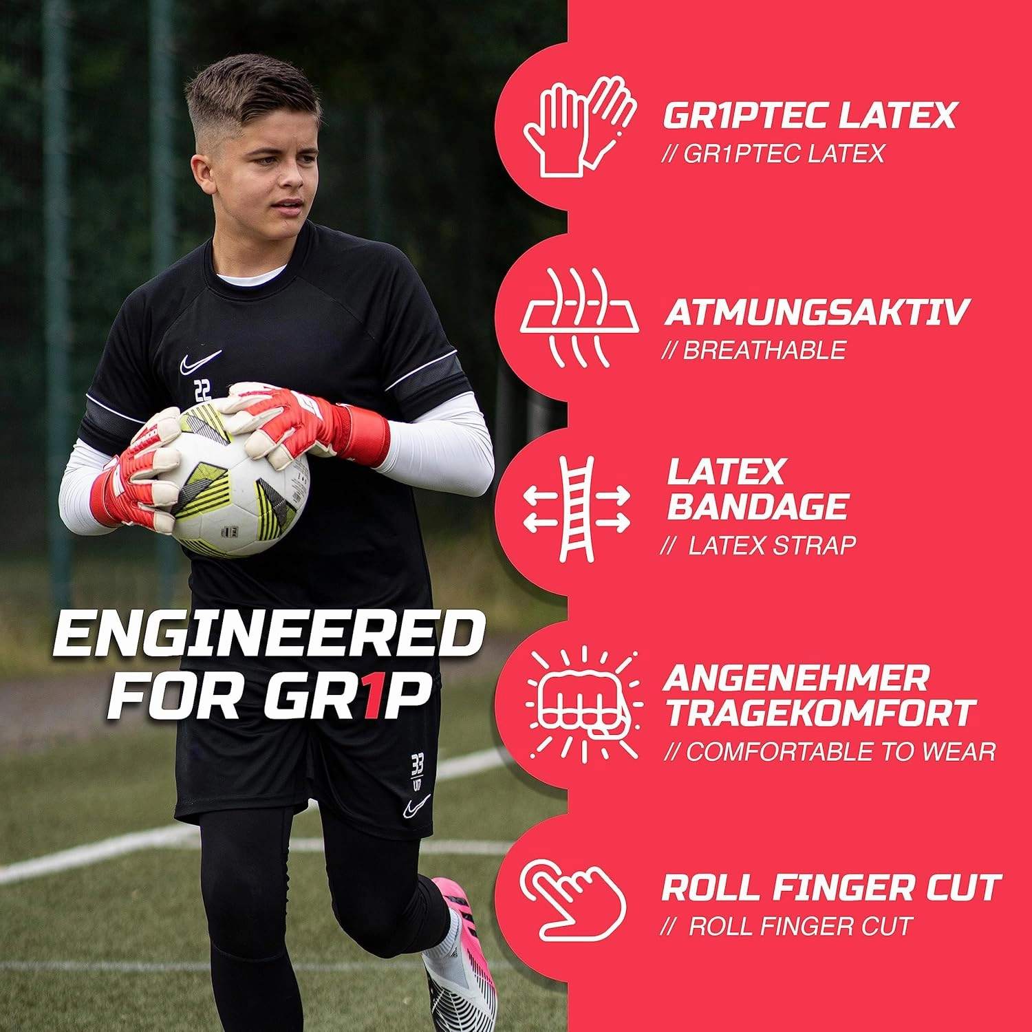 GRIPMODE Classic Red Roll Finger Goalkeeper Gloves Adult and Child with Griptec® Latex Lining I Suitable in All Weather I Football Goal Protection for Children, Teenagers & Adults