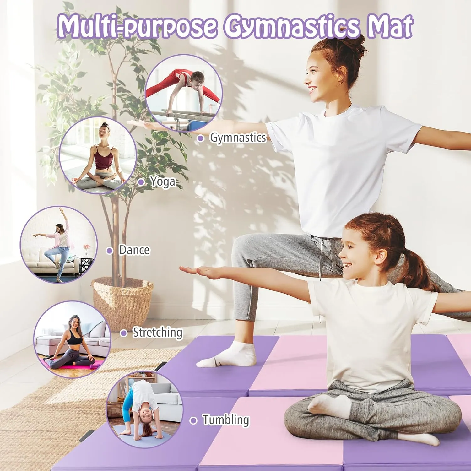 GYMAX Gymnastics Mat, 4 FT x 8 FT x 2 Inches Folding Exercise Mat w/Carry Handles & Sturdy Stitching Waterproof Cover, Tumbling Mat for Yoga Stretching Martial Arts Home Gym
