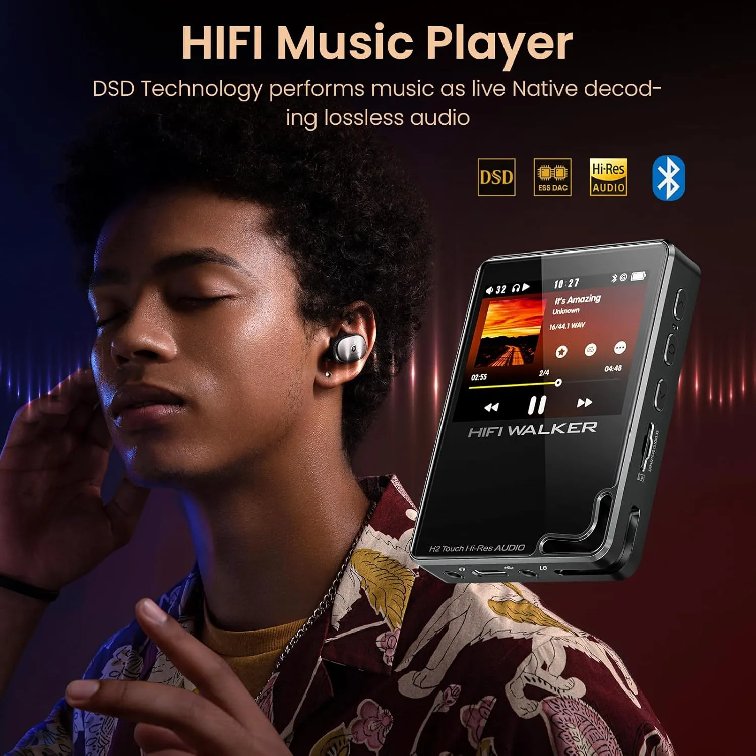 H2 Touch 128GB Hi-Res Portable Music Player, Touchscreen Digital Audio Player Bluetooth 5.2 DAP with ESS DAC, 512GB Expandable Storage &10H Battery