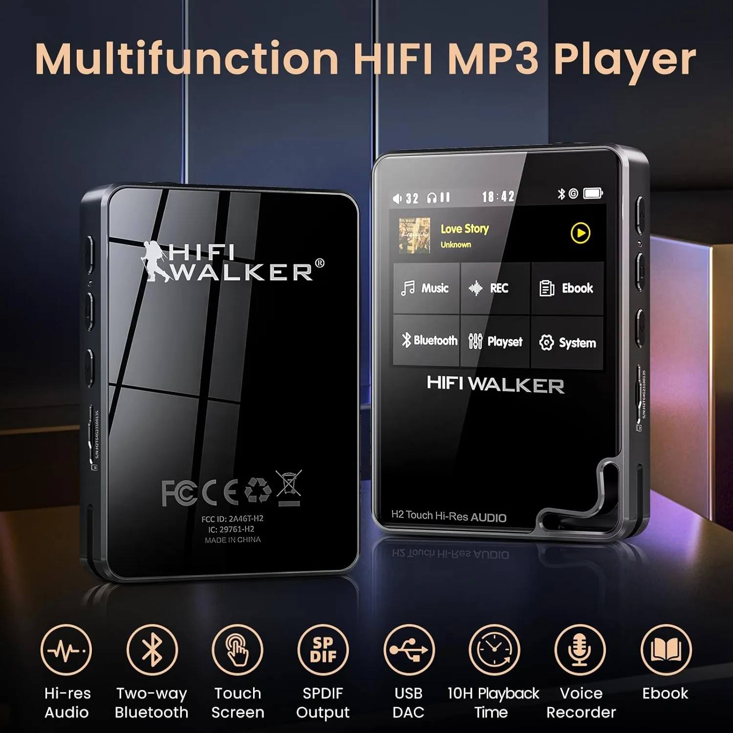 H2 Touch 128GB Hi-Res Portable Music Player, Touchscreen Digital Audio Player Bluetooth 5.2 DAP with ESS DAC, 512GB Expandable Storage &10H Battery