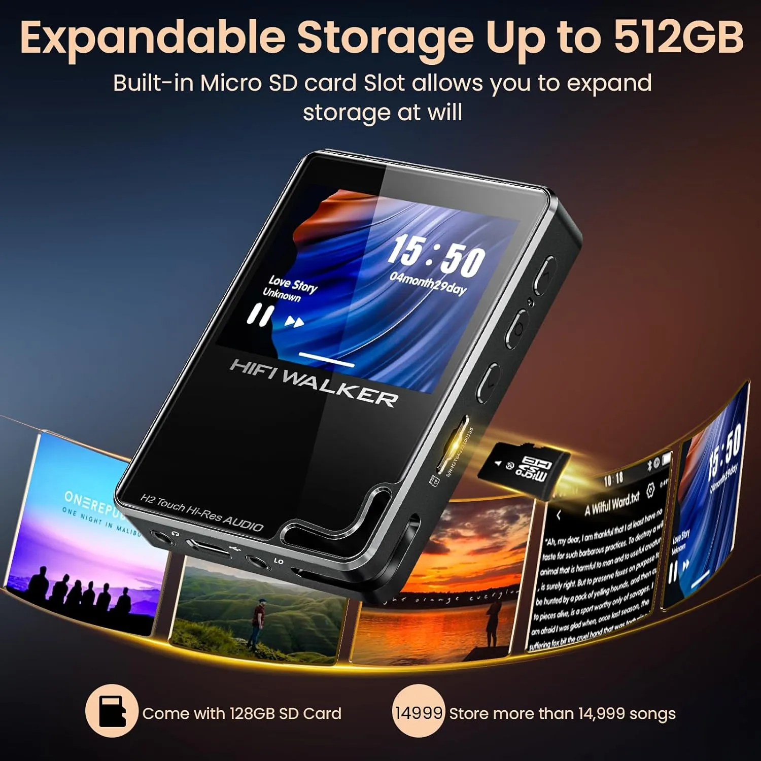 H2 Touch 128GB Hi-Res Portable Music Player, Touchscreen Digital Audio Player Bluetooth 5.2 DAP with ESS DAC, 512GB Expandable Storage &10H Battery