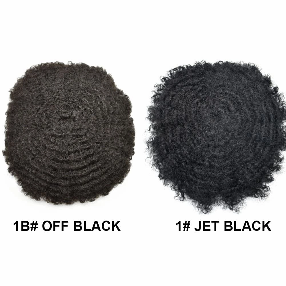 Hair System for Black Men Wave Curly Human Hair Uint African American Black Men Afro Toupee Full Poly Skin Injection Pu Wave Hair Pieces (10MM Afro Wave, 1# Jet Black)