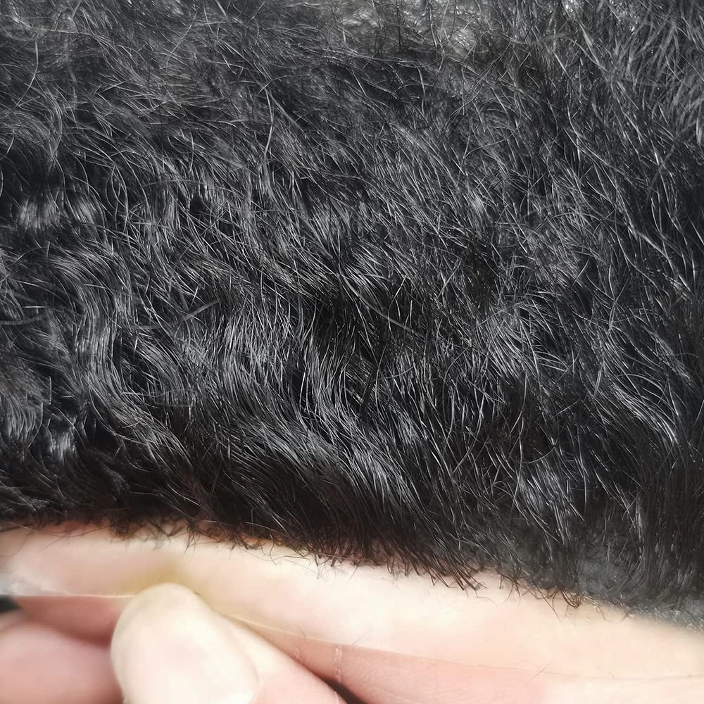 Hair System for Black Men Wave Curly Human Hair Uint African American Black Men Afro Toupee Full Poly Skin Injection Pu Wave Hair Pieces (10MM Afro Wave, 1# Jet Black)