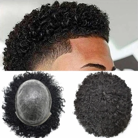 Hair System for Black Men Wave Curly Human Hair Uint African American Black Men Afro Toupee Full Poly Skin Injection Pu Wave Hair Pieces (10MM Afro Wave, 1# Jet Black)
