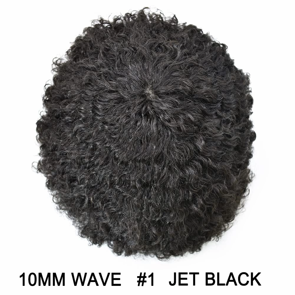 Hair System for Black Men Wave Curly Human Hair Uint African American Black Men Afro Toupee Full Poly Skin Injection Pu Wave Hair Pieces (10MM Afro Wave, 1# Jet Black)