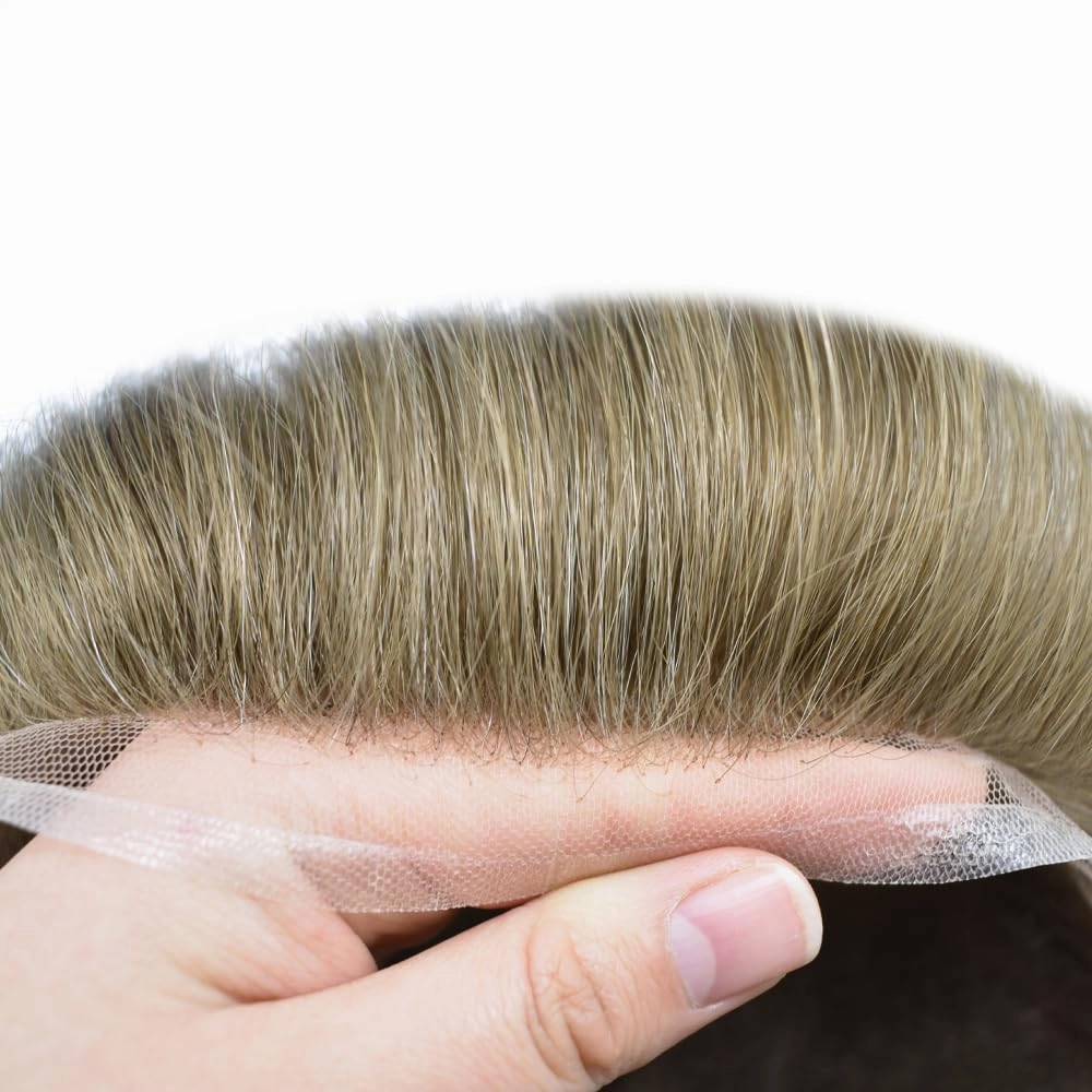 Hair System For Men Soft Full Swiss Lace Mens Toupee Human Hair Replacement Systems Bleached Knots Toupee For Men Hair Piece 7x9#1710#17 DARK ASH BLONDE 10% GREY 100% Density