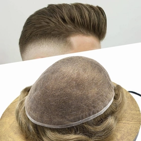 Hair System For Men Soft Full Swiss Lace Mens Toupee Human Hair Replacement Systems Bleached Knots Toupee For Men Hair Piece 7x9#1710#17 DARK ASH BLONDE 10% GREY 100% Density